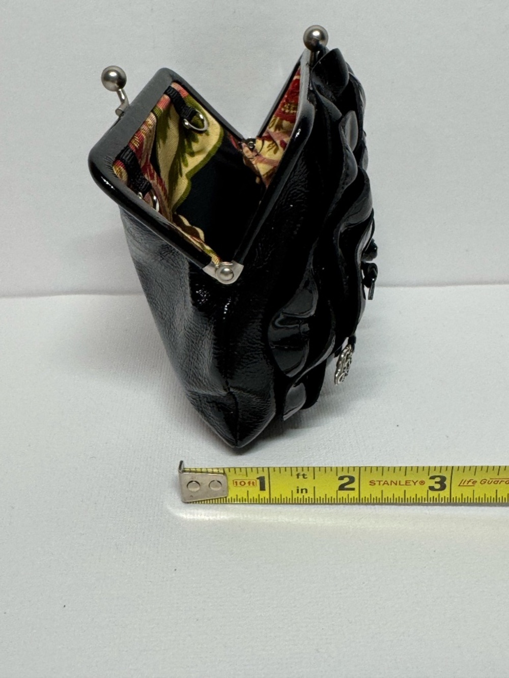 Brighton NEW Roselie Shine Kiss Lock Black Patent Leather Floral Clutch W/ Chain - Picture 9 of 11
